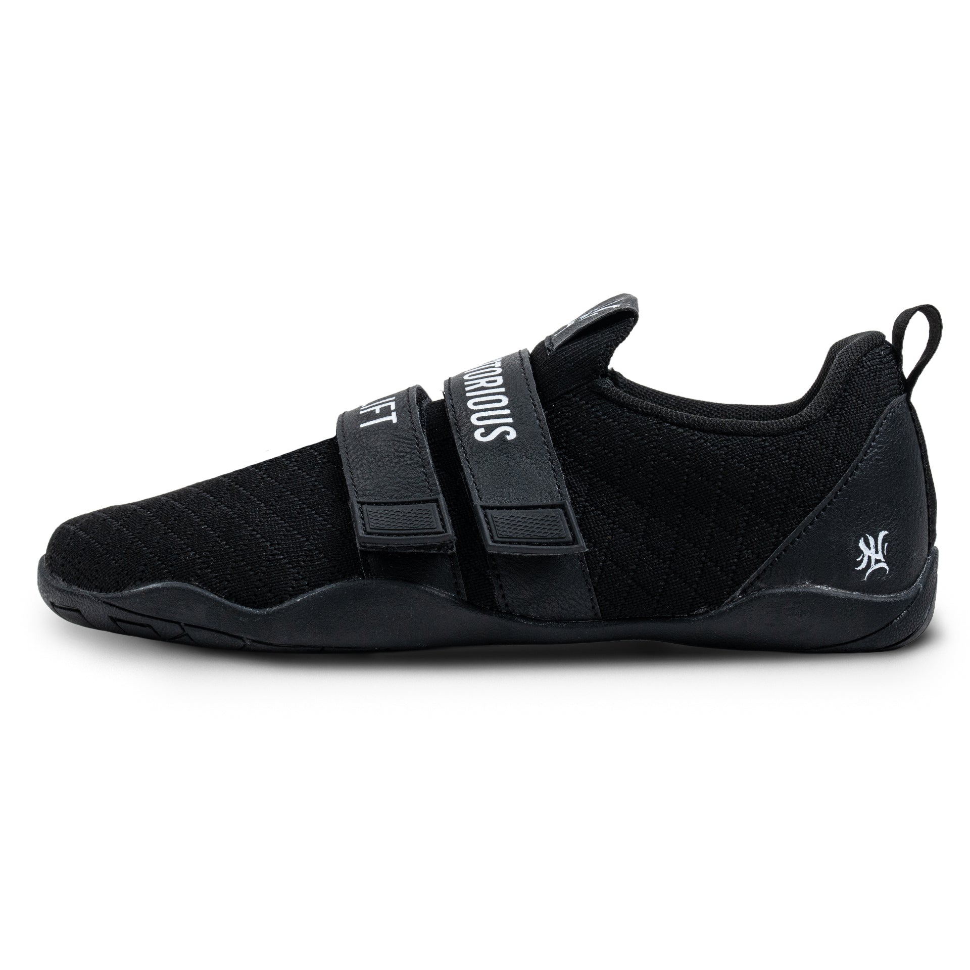 Notorious Lifters Gen 3 Stealth side view - minimalist powerlifting slipper, dual strap closure
